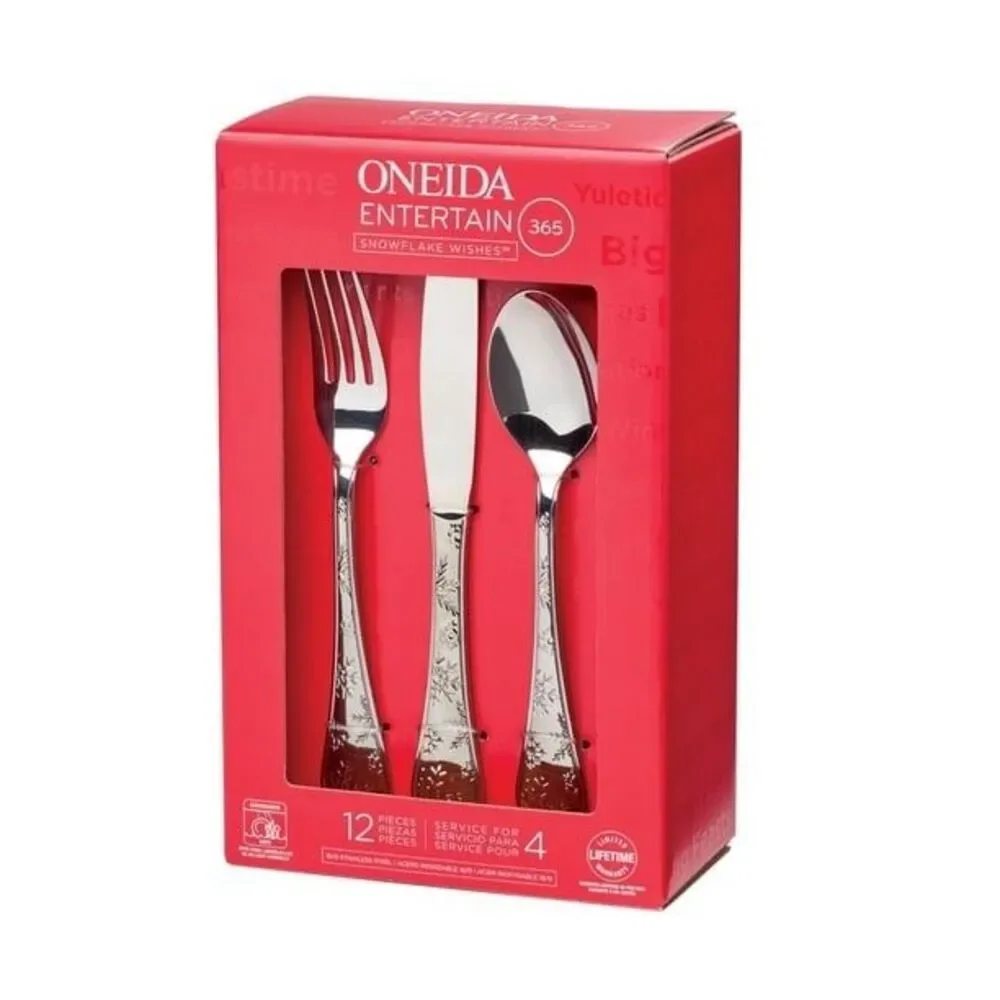 Oneida Snowflake Wishes Holiday Design 12Pc Stainless Flatware Set Service for 4